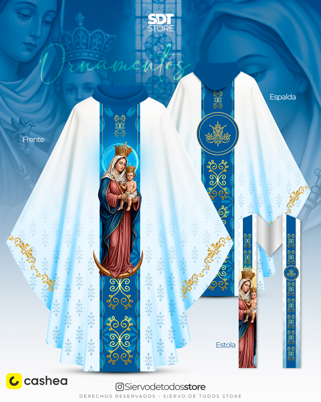 Nuestra Señora de Chiquinquira 2026 - Blanco - Azul - Juego de Casulla y Estola